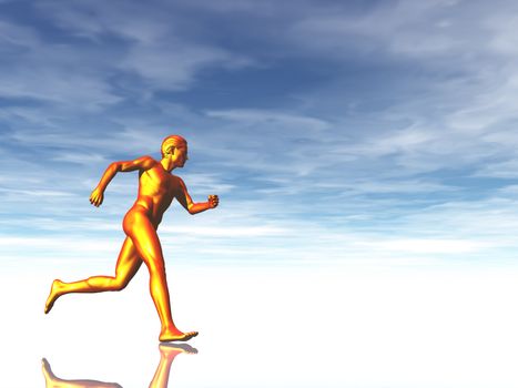 sculpture man runs under cloudy blue sky - 3d illustration