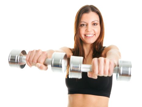 Fitness woman doing weight lifting. Focus on dumpbells. Isolated on white