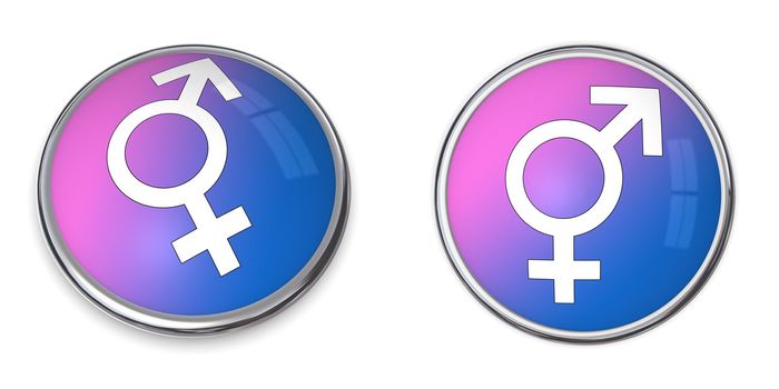 blue and pink-purple button with white male-female gender sign/symbol