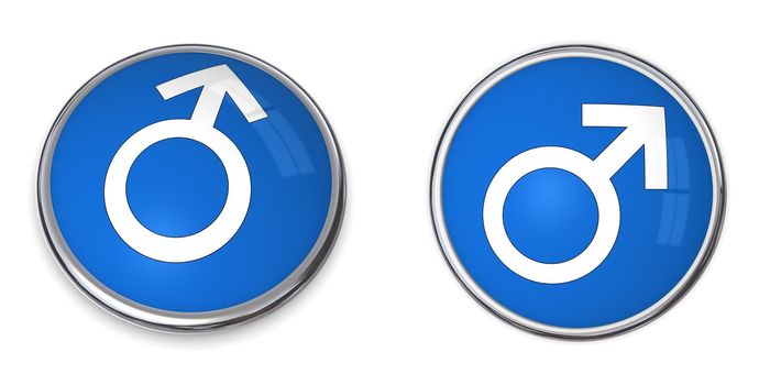 blue button with white male gender sign/symbol