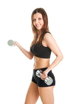 Fitness woman doing weight lifting. Isolated on white