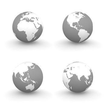 four views of a 3D globe with white continents and a grey ocean