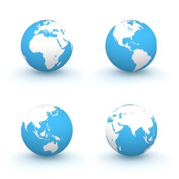 four views of a 3D globe with white continents and a blue ocean