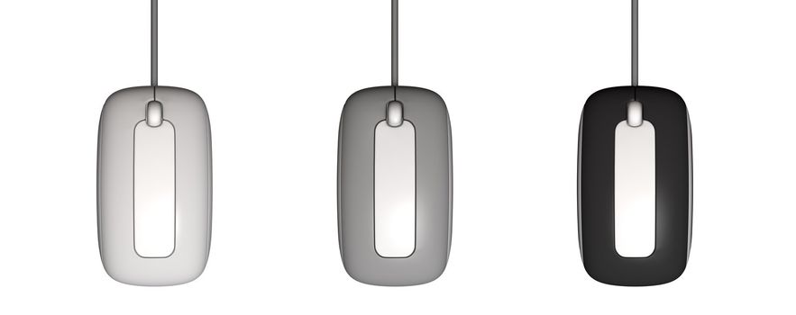 topview of three modern computer mice in different colours - white, grey, black