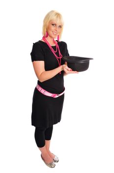 woman in black with pink beads holding a derby hat