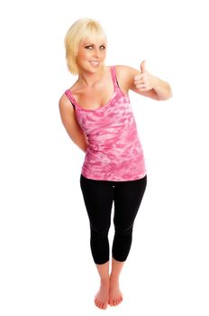 woman in pink and black giving a thumbs up