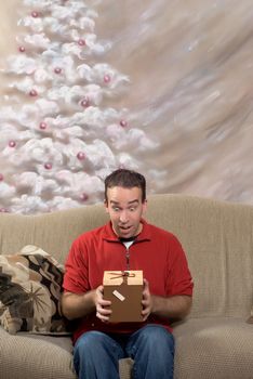 Portrait of a man looking surprised at his present, with a hand painted christmas tree in the background