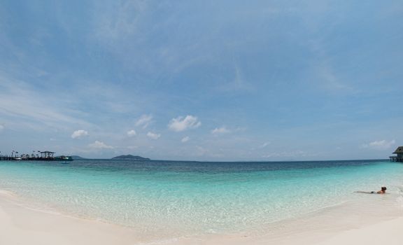 Panoramic view of a beautiful beach with turquoise water in Rawa island Malaysia