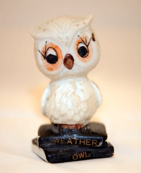 Front on angle of a wise old ceramic weather owl.