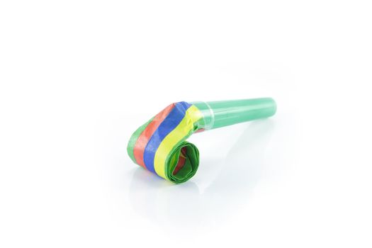 Single striped party blower on a reflective white background