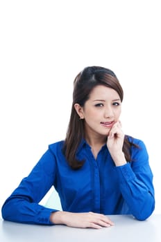 Portrait of an attractive young woman smiling over white background.