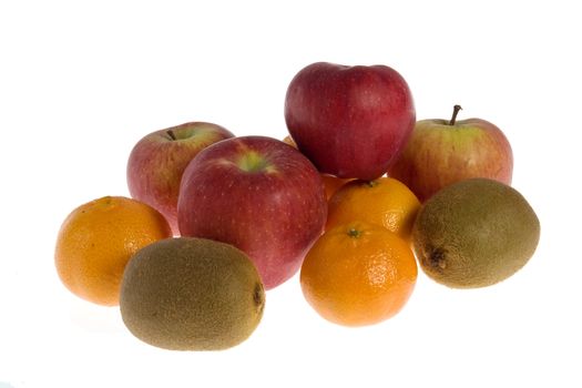 Apples, tangerines and kiwis over a white background