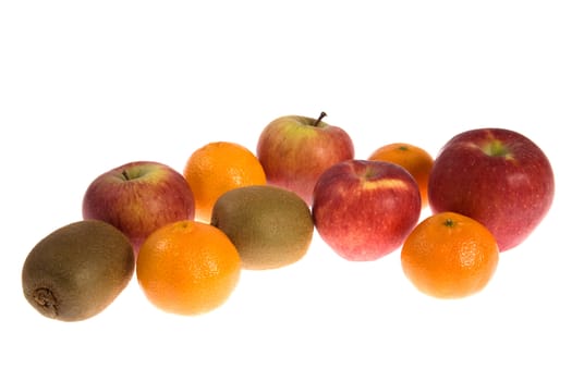 Several fruits (apples, kiwis and tangerines) on a white background.
