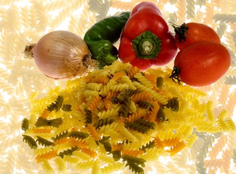 Wallpaper of raw tomatoes, pepper, onion and pasta  over a transparent pasta background.