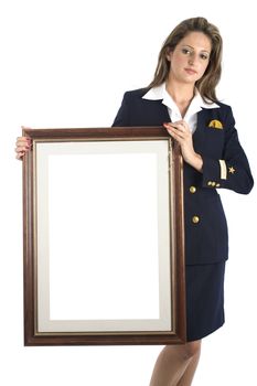 A young brazilian model in a studio shot, wearing a seaman's (or seawoman's) uniform, isolated on white and holding a picture frame..