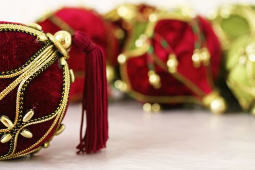 Close up shot of some colorful christmas decorations.