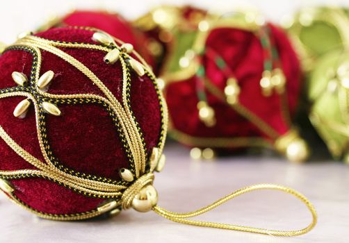 Close up shot of some colorful christmas decorations.