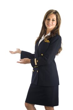A young brazilian model in a studio shot, wearing a seaman's (or seawoman's) uniform, isolated on white.