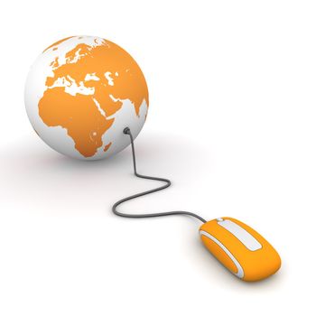 modern orange computer mouse connected to a orange globe