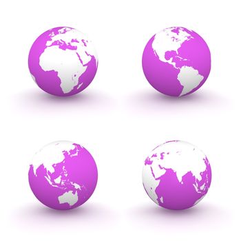 four views of a 3D globe with white continents and a purple/pink ocean