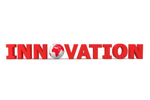 red word Innovation with 3D globe replacing letter O