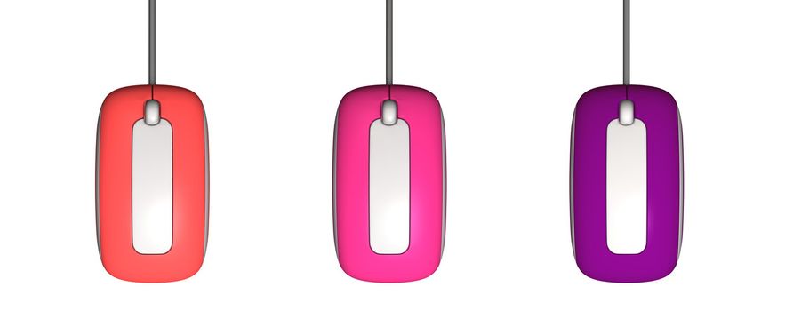 topview of three modern computer mice in different colours - light red, pink-purple, violet