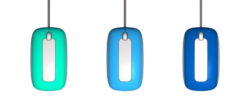 topview of three modern computer mice in different colours - mint green, light blue, dark blue