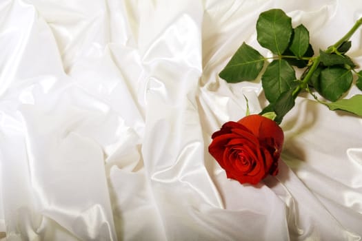 Red rose with green leaves among the folds of a white textured textile