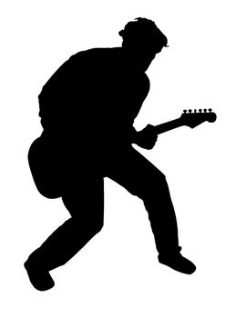 Black silhouette of a playing guitarist, on white background