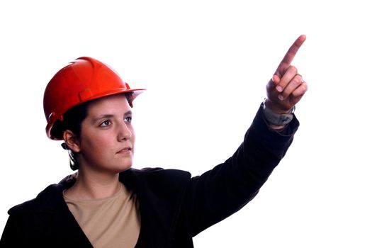 architect woman pointing over white background