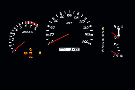 car dashboard of an automatic car with speedometer, gas and temperature gage
