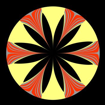 A floral abstract done in shades of yellow, red, and gray on a black background.