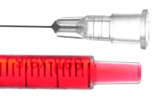 Syringe filled with blood and injection