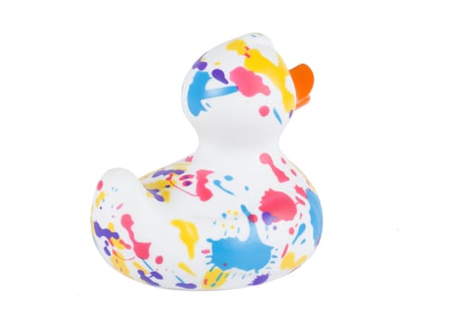 the back of a colorful rubber ducky