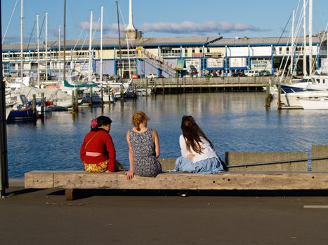 Three girls sit overlooking the Wellington waterfront on a fine spring day.