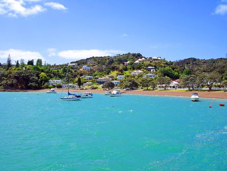 Shoreline of Russell with ocean view houses, New Zealand