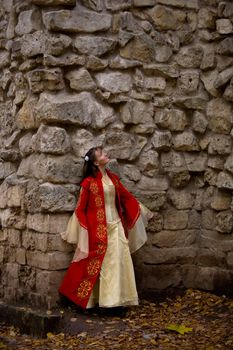 lady in medieval red dress standing near old wall
