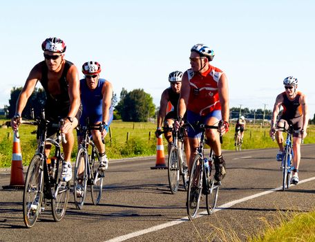 Cyclists in the Port of Tauranga Half Ironman event, in 2011, Tauranga New zealand.
