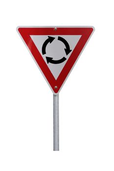 Roundabout Warning Sign - Current Australian Road Sign for left-hand traffic (reflective). Isolated on White