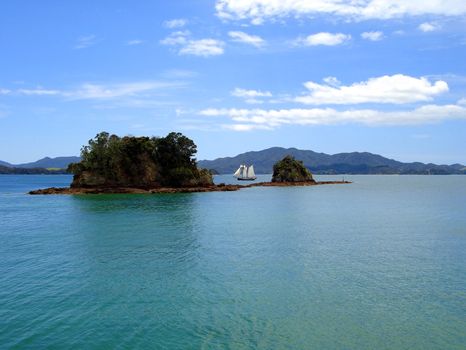 Tall Ship (R. Tucker Thompson) Sailing through the Bay of Islands, New Zealand