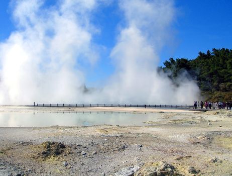 Tourists at the Waiotapu Thermal Reserve, Rotorua, New Zealand