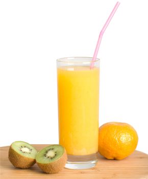 Glass of orange juice, tangerine and halves kiwi it is isolated on a white background.