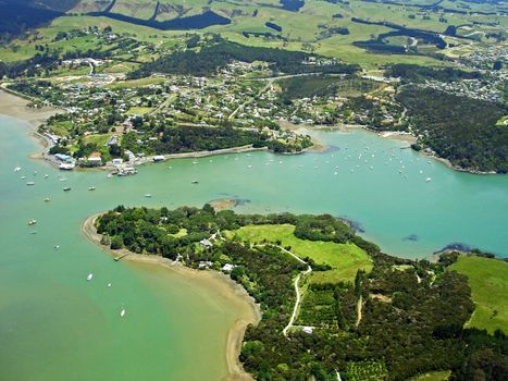 Aerial view of Mill Bay and the town of Mangonui, Northland, New Zealand