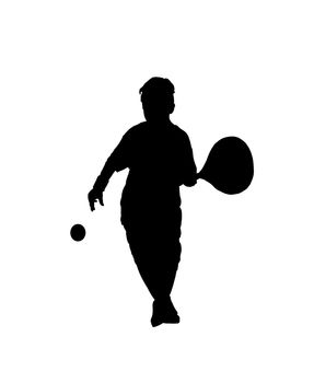 Black silhouette of a child playing tennis over whitel