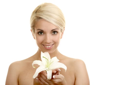 The beautiful girl, the blonde with a white lily on a white background
