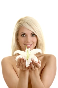 The beautiful girl, the blonde with a white lily on a white background
