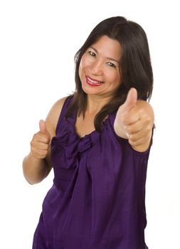 Happy Hispanic Woman with Thumbs Up Isolated on a White Background.