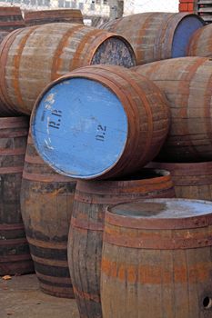 Disused wooden beer barrels
