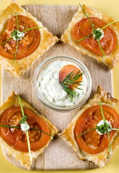 Appetizer puff pastry with mayonnaise sauce