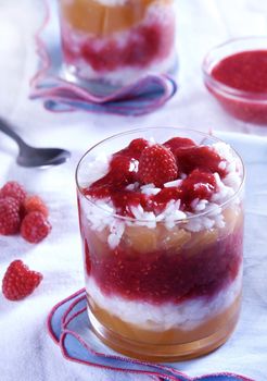 raspberry dessert with rice puree and apple jelly